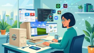 Современная иллюстрация с интерфейсом операционной системы Windows XP для статьи о запуске актуального софта