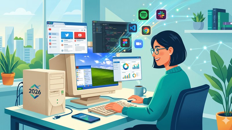 Современная иллюстрация с интерфейсом операционной системы Windows XP для статьи о запуске актуального софта